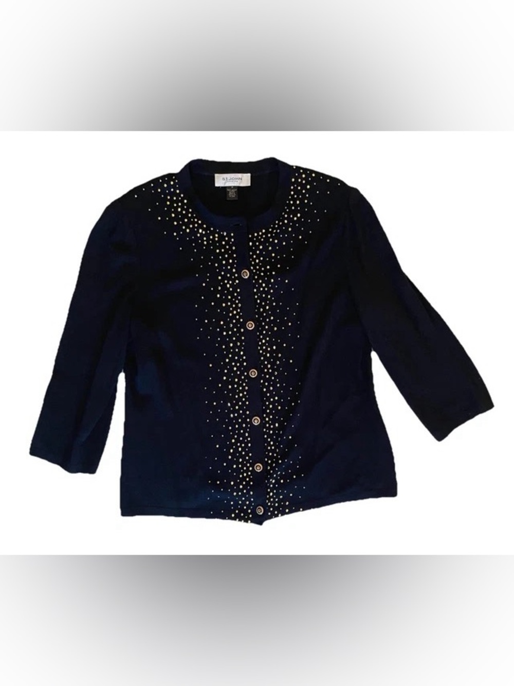 St John Evening Black Santana Knit Cardigan Sweater Gold Studded Embellished M